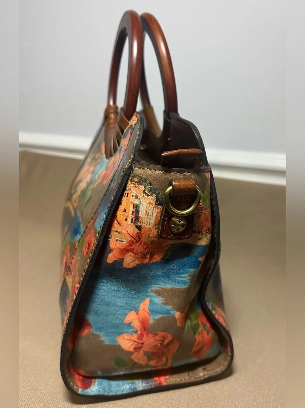Patricia Nash Brown Floral Coastal Print Satchel with Blue Accents - Picture 3 of 8